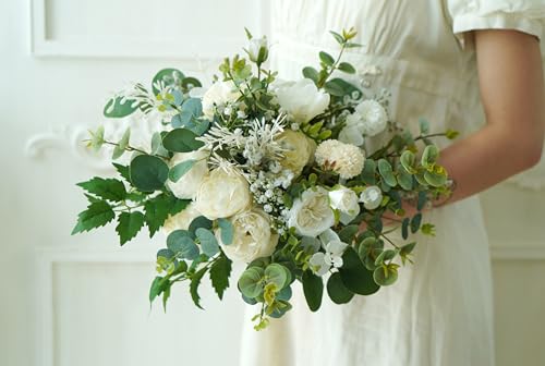 Ramo de boda rústico boho blanco y verde miniatura 5