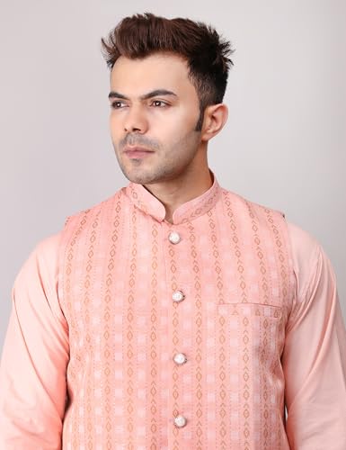 Image of Men's Cotton Silk Blend Regular Kurta Pyjama, Embroidered Nehru Jacket /Waistcoat Set