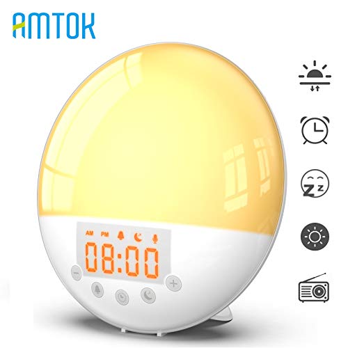 Wake Up Light Alarm Clock - Smart Sunrise Sunset Simulation Reloj digital LED con radio FM, 8 tonos de alarma, función de repetición, brillo 30, lámpara de noche de 7 colores