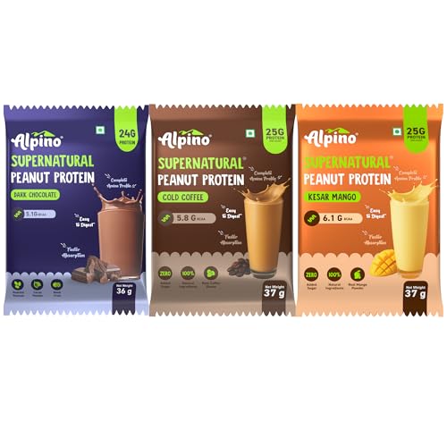 Image of Alpino Supernatural Peanut Protein Powder Assorted Pack of 3 (Cold Coffee + Dark Chocolate + Kesar Mango)
