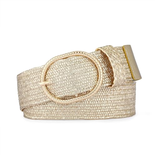 Hihope Gold Braided Straw Belts for Women, Woven Elastic Waist Belt