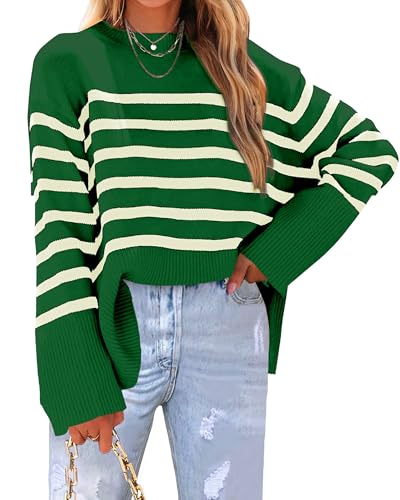 Womens Sweaters Fall 2024 Overiszed Striped Long Sleeve Side Slit Loose Pullover Sweaters Knitted Tops