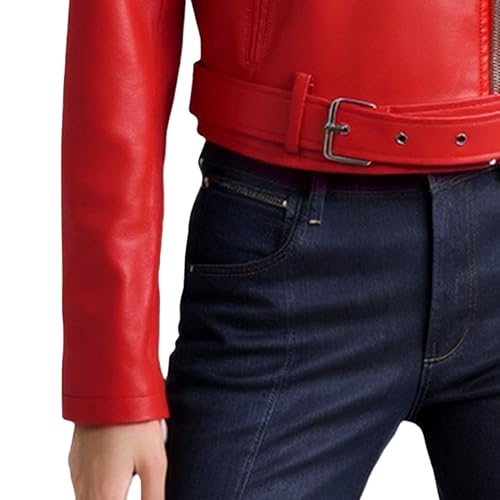 Blouson aviateur ajusté similicuir femme veste moto rouge manteau motard XL zip