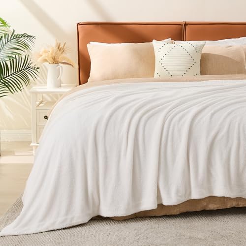 EMME Muslin and Fleece Queen Blanket Reversible - 80"*90" Cream Soft Warm Throw Blankets for Couch Bed Picnic Travel Bed