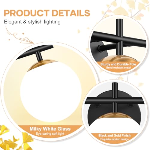 Image of 3-Light Bathroom Light Fixtures, Black and Gold Vanity Lights for Bathroom with Milky White Glass Shade, 19.3 inch Bathroom Lighting Fixtures Over Mirror, Compatible with E12 Bulbs (Bulb Not Included)