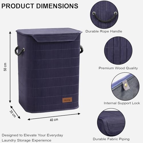 Image of Amazon Brand - Umi Rectangle Bamboo Laundry Basket for Clothes with Lid Strap Lock | Eco-Friendly, Foldable & Lightweight Organizer (Navy, 40x30x50 cm, Pack of 1)