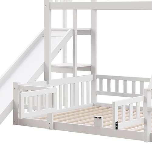 NovaFurnish Litera 90x200 y 140x200, barandilla, madera de pino, tobogán, escalones, En747, estantes, puerta extensible, sin colchón, blanco (140x200) - imagen 8