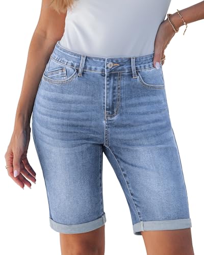 luvamia Bermuda Jean Shorts for Women Knee Length High Waisted Trendy Womens Country Concert Outfits Fold Hem Women Jean Shorts Stretchy Denim Summer Jorts Bay Blue Size Medium US 8 to 10