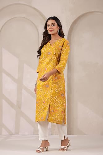 Image of Ichaa Women's Cotton Kurta | Printed Straight Kurta | V-Neck, 3 /4th Sleeve, Ethnic Wear