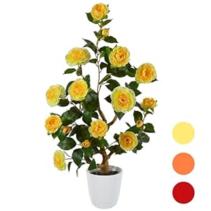 Artificial Camellia Tree 3ft, Fake Camellia Plant in White Pot, Faux Silk Flower Potted Tree for Indoor Outdoor Home Livingroom Office Decor (Yellow)