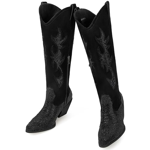 Women's Rhinestone Cowboy Boots Mid Calf Cowgirl Boots Pointed Toe Chunky Heel Sparkly Western Boot with Pull On Tabs