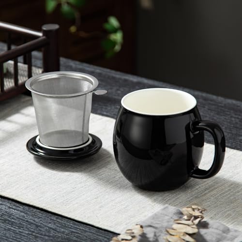 Image of Yundu 12 OZ Brilliant Black Ceramics Teacup with Infuser and Lid, Mug with Lid for Steeping - Stainless Steel Infuser for Loose Leaf Tea, Home Office Gift for Tea Lovers