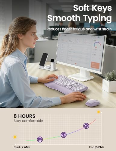 Image of Purple MA31 Ergonomic Wireless Keyboard and Mouse Combo, Full Size Wave Key | Memory Foam Leather Wrist Rest, Stable 2.4GHz Wireless, 6-Button Mouse, USB-A /USB-C Adapter for Office Computer Laptop Tablet