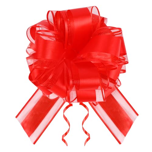 6PCS 6 inches Red Large Pull Bows for Gift Wrapping 50mm Organza Pull bows Ribbon Gift Bow for Wedding Christmas Birthday Valentines Day Party Decoration Gift Boxes Cars Baskets Flower Bouquets