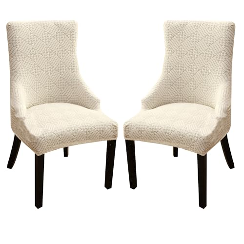 FORCHEER Beige Chair Covers for Dining Wingback Chairs with Arms 2 Pieces Stretch Jacquard Wing Back Side Dining Chair Slipcovers Set of 2 Washable Removable