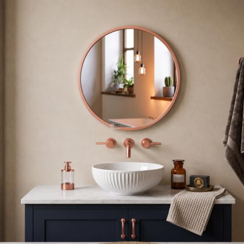 Image of Round Wall Mirror in Gold I Metal Frame Mirror I Modern Design Metal Frame Mirror in Medium Size I Bathroom Wash Basin, Bedroom, Drawing Room (Rose Gold 20 inch)