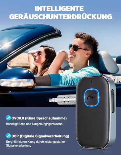 Glangeh Bluetooth 5.3 Adapter Auto, Upgraded Lärmminderung 3,5mm Aux Bluetooth Adapter, 16H Standby Empfänger Receiver Klinke für Auto Audio System, Kopfhörer, Speaker, Stereo-Endstufen (Grau)