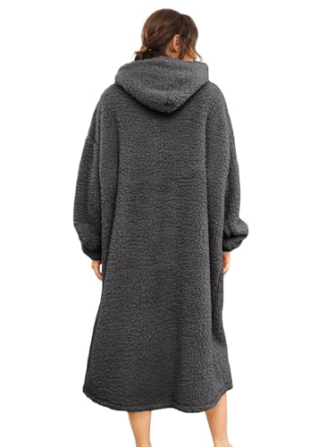 ililmmoe Übergroße Sherpa-Decke mit Kapuze für Damen und Herren, Lange Bequeme Sherpa-Decke, zotteliger Pullover, Plüsch, Olive gemütlich… – Ansicht 2