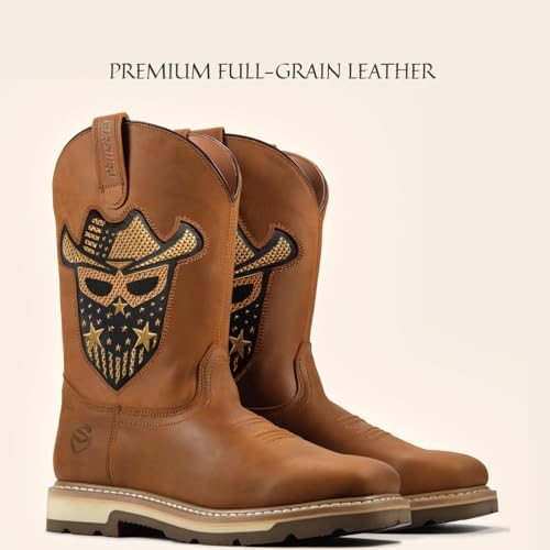 Cowboy Boots - Men’s Square Toe Work Boot,Pull On Leather Wellington Boots,Comfortable Durable Classic Slip Resistant Soft Toe Western Boot - slip on2