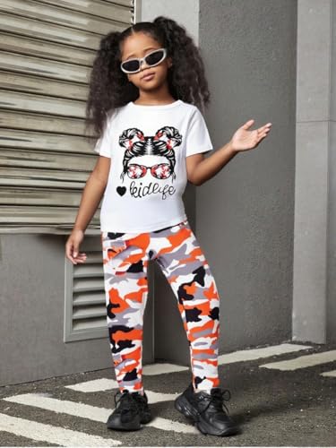 Image of 2PC Kids Outfit Toddler Girls Clothes Figure & Letter Print Short Sleeve Top + Camo Print Pants Set(7-8T)