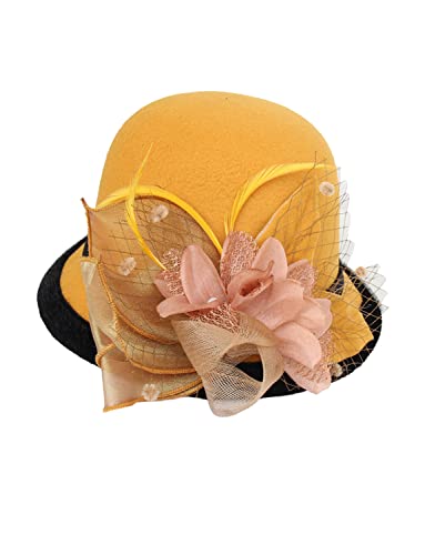 Zonsaoja Women's Cloche Hat 1920s Winter Bucket Hat Vintage Church Elegant Flower, Yellow, One size