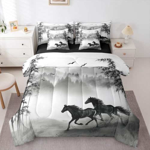 Image of Galloping Horse Full Size Bed Sheets and Comforter Set | Cowboy Farm Animal 7 Piece Bedding Set Smoky Mountain Western Bed in a Bag,Black and White Ink Painting Plant Rainforest Folk Retro Room Decor