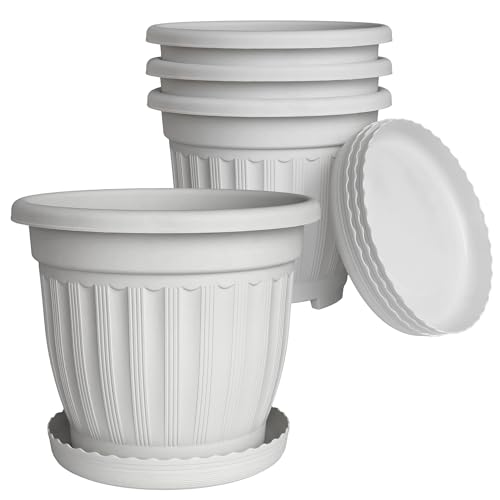 OUMUHE 12.6Inch Plastic Planters with Drainage and Saucers, Set of 4, Large Flower Pots for Indoor Outdoor Plants, Available in Terracotta & White (White)