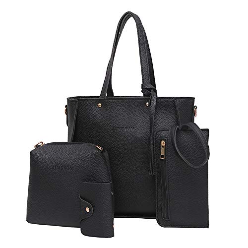Behavetw Mode Tassel Sac fourre-Tout pour Femme, 4u00a0pcs Lady Sac à Main en Cuir PU avec Ensemble de Sac à bandoulière Tote Poignée Sacs Mini Sac à Main, Noir, Taille Unique