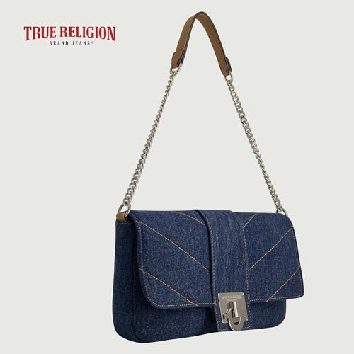 Image of True Religion Women's Denim Shoulder Bag Purse, Mini Handbag with Chain Strap | Denim