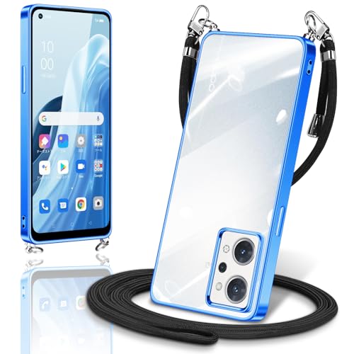OPPO Reno 9 A Reno 7 A 用の ケース クリア ショルダー TPU OPG04 A201OP(CPH2353)カバー スマホケース 薄型 透明 肩掛け 首掛け 斜めかけケース 耐衝撃(ブルー)