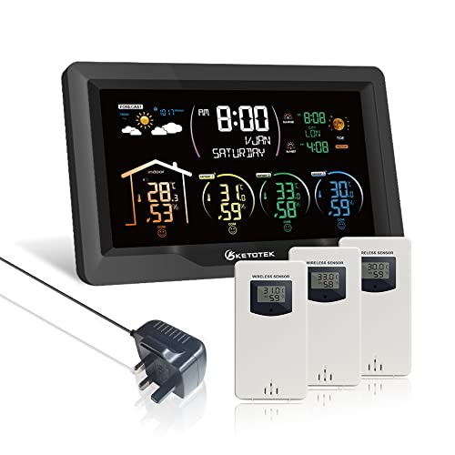 KETOTEK Wireless Radio Weather Station with 3 Outdoor Sensors Indoor Outdoor VA LCD Digital Thermometer Hygrometer Barometer with MSF,Alarm Clock,Weather Forecast,Moon Phase,Sunrise and Sunset Time