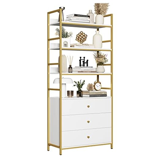 finetones Bookshelf with 3 Drawers, 71.2” Tall Bookshelf White and Gold Bookshelf with Open Shelves, Gold Book Shelf with Drawers Display Flower Stand Rack Shelves for Home, Thickened Metal Frames