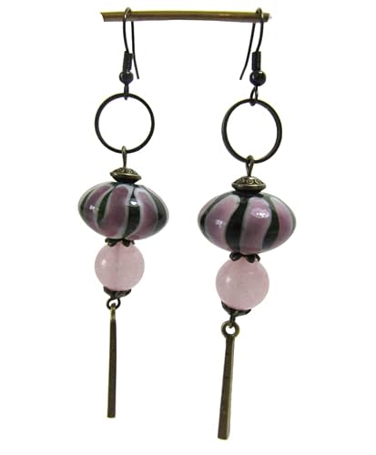 Generic - Boucles d'oreilles en forme de lanterne chinoise, perles en verre vertes et roses, métal bronze.