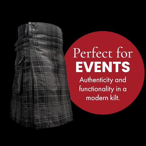 UT Kilts Men's Standard Tartan Utility Kilt, Modern Scottish Kilt for Everyday Wear, Tactical Kilts with Adjustable Hip Straps & Cargo Pockets for Men, Highlander Gray, 38" Waist