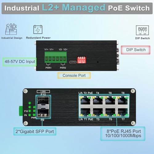 Image of Industrial L2+ Managed 8 Port PoE Ethernet Switch with 2 SFP Slot, Gigabit Networking Switch with IPv4 /IPv6 Management and DIP Switch, Supporting Din-Rail