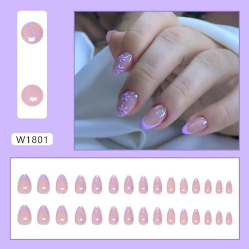 Image of Purple French Tip Press on Nails Flower Fake Nails Short Almond False Nails with Design Nude Glue on Nails Glossy Artificial Acrylic Full Cover Lilac Floral Stick on Nails for Women Manicure 24Pcs
