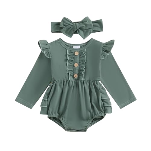 Image of Aiwpstoin Newborn Baby Girl Outfit Ruffle Bubble Romper Long Sleeve Infant Bodysuit Jumpsuit with Headband Clothes