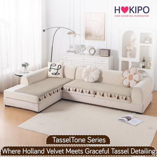 Image of HOKIPO Tassel Tone Sofa Cover L Shape 4 Seater Mat, Sand Beige