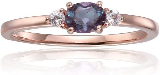 Oval Alexandrite Ring 925 Sterling Silver Rose Gold Vermeil | Color Changing Gemstone Ring for Women | Dainty Three Stone Engagement Ring | June Birthstone Anniversary Jewelry