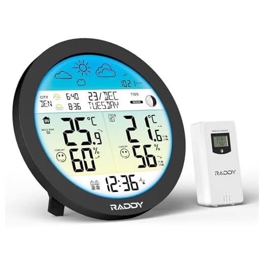 Raddy DT7 Estación Meteorológica Inalámbrica con sensor exterior, estaciones meteorológicas con gran pantalla a color HTN, reloj DCF, alarmas duales, previsión meteorológica, alerta de heladas
