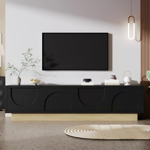 Meuble TV Noir Bois 175 cm – Grand Meuble Bas avec Rangement – Meuble télé Suspendu Effet Bois pour écran Plat Jusqu’à 75 Pouces – Salon Moderne