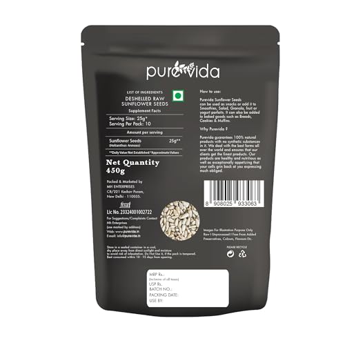 Image of Purevida Sunflower Seeds 450gm | Nutrient-Rich Superfood for Heart & Skin Health | High in Vitamins, Minerals & Healthy Fats | Natural, Gluten-Free | Perfect for Snacking, Salads, Baking & Smoothies
