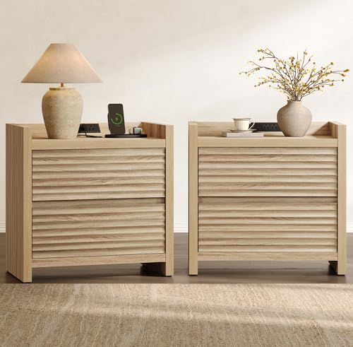Image of SICOTAS Nightstands Set of 2 - Fluted Nightstand with Charging Station - 25 inch Tall Mid Century Modern Night Stands with 2 Drawers, Large Bedside Table for Bedroom, Sofa Side