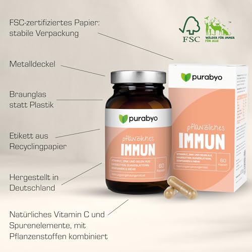 Hagebutten-Kapseln Purabyo Immun im Glas mit Vitamin C, Zink und Selen