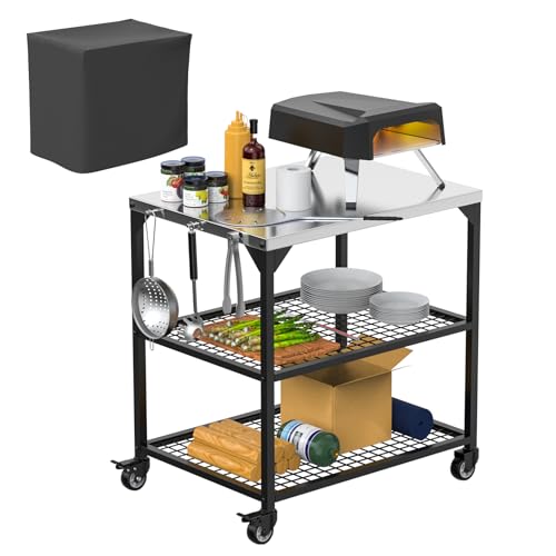 SafBbcue Outdoor Pizza Oven Table for Ooni, Blackstone, Cuisinart, Ninja Woodfire Grill Stand, Stainless Steel Rolling Kitchen Prep Island Cart with Wheels and Cover, Movable BBQ Work Grill Table
