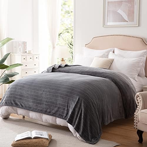 Bertte 330 GSM Lightweight Fluffy Cozy Luxury Decorative Stripe Bed Couch Plush Throw Super Soft Fuzzy Warm Blanket, Queen(90"x 90"), Dark Grey