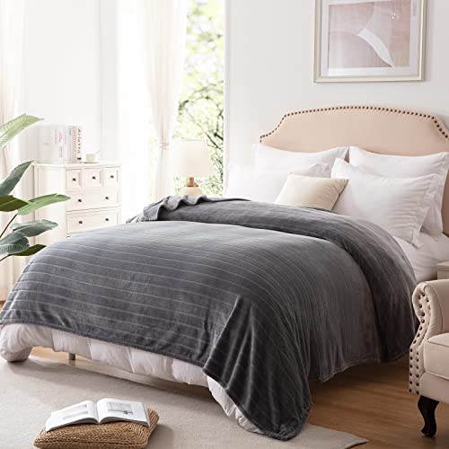 Bertte 330 Gsm Lightweight Fluffy Cozy Luxury Decorative Stripe Bed Couch Plush Throw Super Soft Fuzzy Warm Blanket, Queen(90"X 90"), Dark Grey #TOP15
