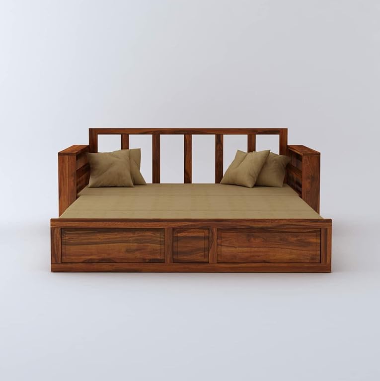 Image of Solid Sheesham Wood Sofa Cum Bed 2 Seater | Wooden Foldable Double Bed for Living Room with Headboard & Storage | Bed Cum Sofa with Mattress for Home | Dalla Design (Honey Finish)