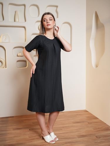 Image of Purvaja Women's Solid Half Sleeve A-Line Midi Dress