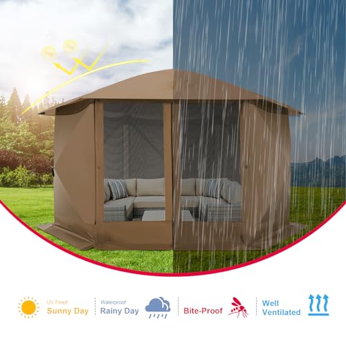Image of COBlZl Pop Up Gazebo 12x12 Screen House Tent for Camping, Outdoor Instant Stargazing Gazebo Canopy with Awning 2.0, Portable Hub Tent with Removable Sidewalls,Pavilion for Backyard,Brown